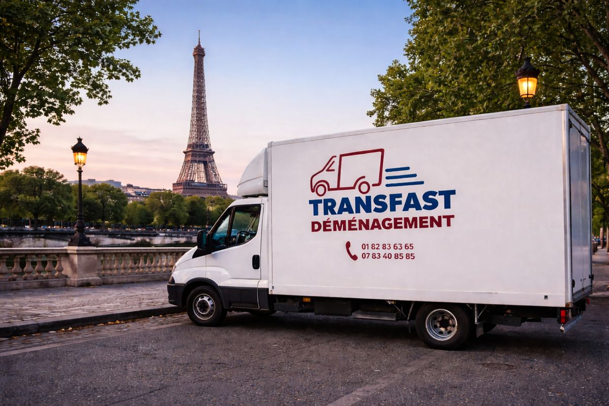 Camion TRANSFAST DEMENAGEMENT devant la Tour Eiffel - Déménagement Paris Île-de-France