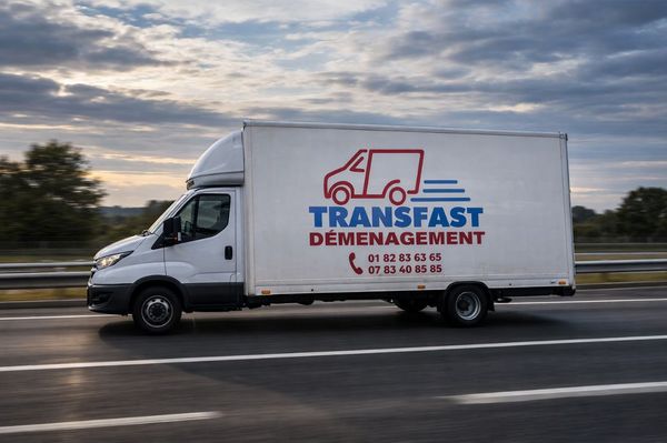 Camion TRANSFAST DÉMÉNAGEMENT prêt pour un trajet longue distance