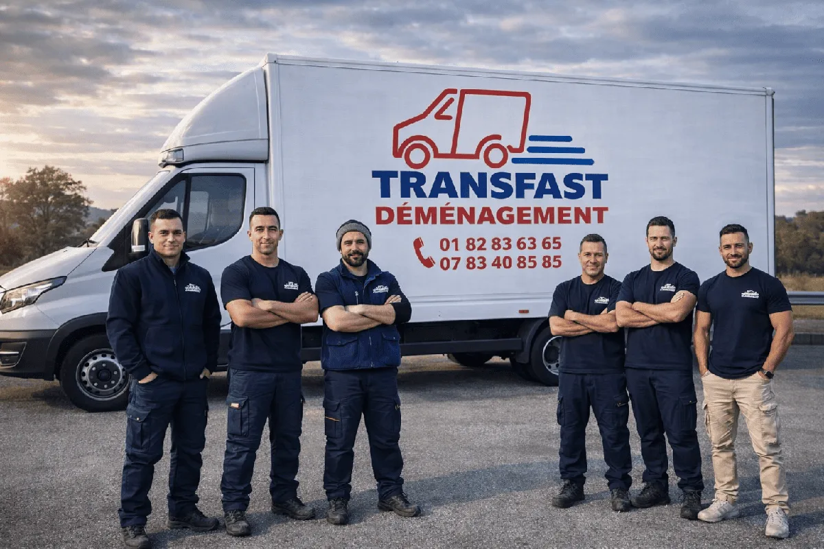 Équipe de déménageurs professionnels TRANSFAST DÉMÉNAGEMENT devant leur camion à Paris